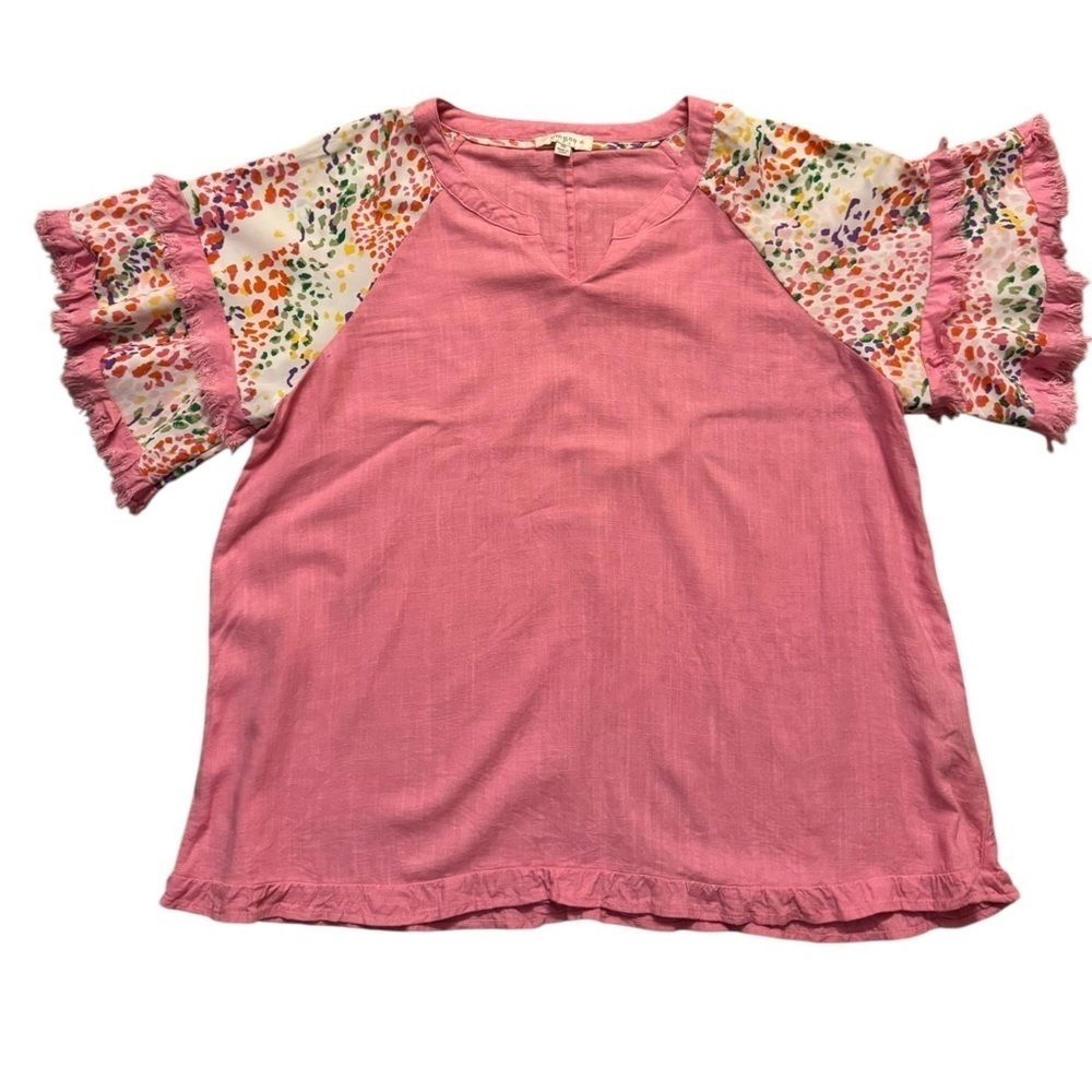 Umgee Blouse Womens 1XL Short Sleeve Pink Frayed Ruffled Cheetah Top Boho.   C42